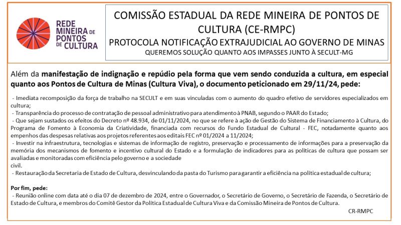 NOTIFICAÇÃO EXTRA JUDICIAL AO GOVERNO DE MINAS GERAIS